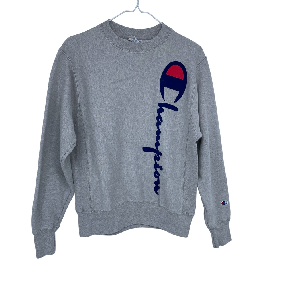 Champion Reverse Weave Crewneck‎ Sweatshirt Grey Felt Logo Spellout Mens Small